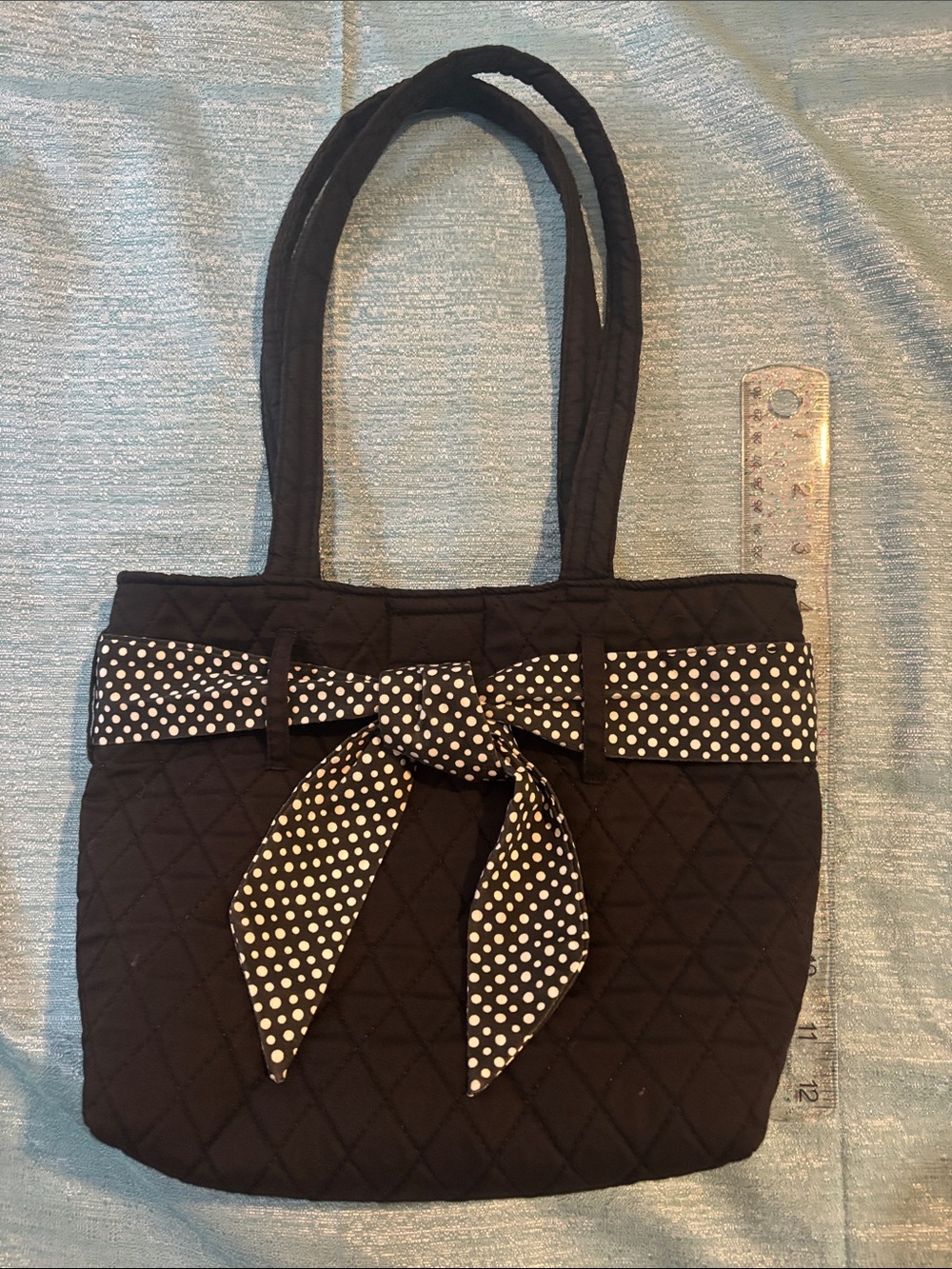 Black Quilted Tote with Polka Dot Bow Accent